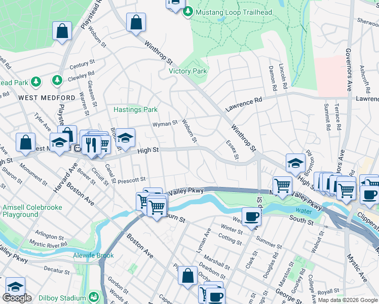 map of restaurants, bars, coffee shops, grocery stores, and more near 312 High Street in Medford