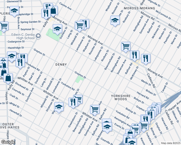 map of restaurants, bars, coffee shops, grocery stores, and more near 11260 Lakepointe Street in Detroit