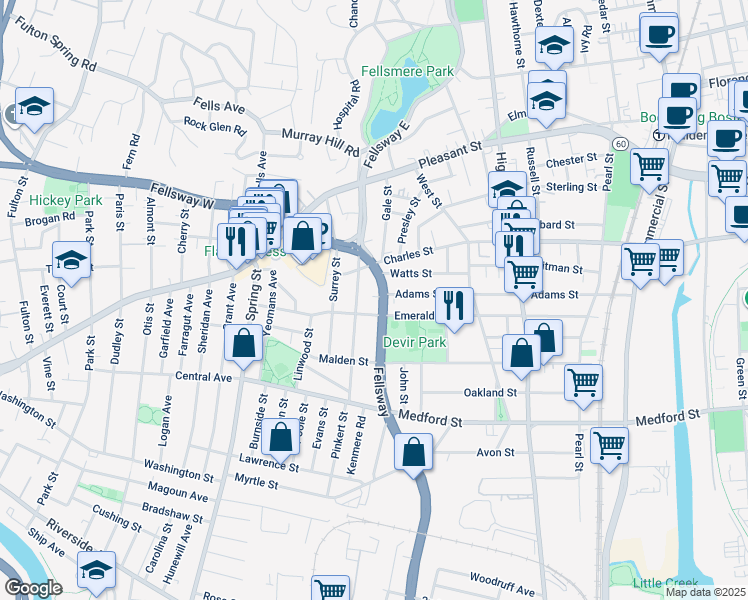 map of restaurants, bars, coffee shops, grocery stores, and more near 1210 Fellsway in Malden