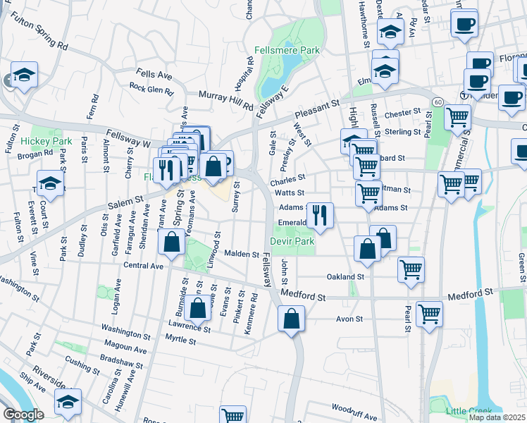 map of restaurants, bars, coffee shops, grocery stores, and more near 1210 Fellsway in Malden