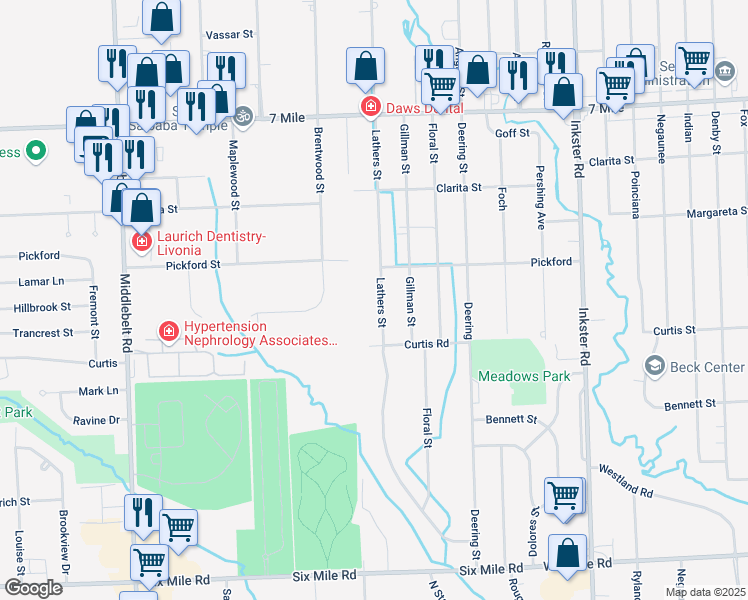 map of restaurants, bars, coffee shops, grocery stores, and more near 18263 Lathers Street in Livonia