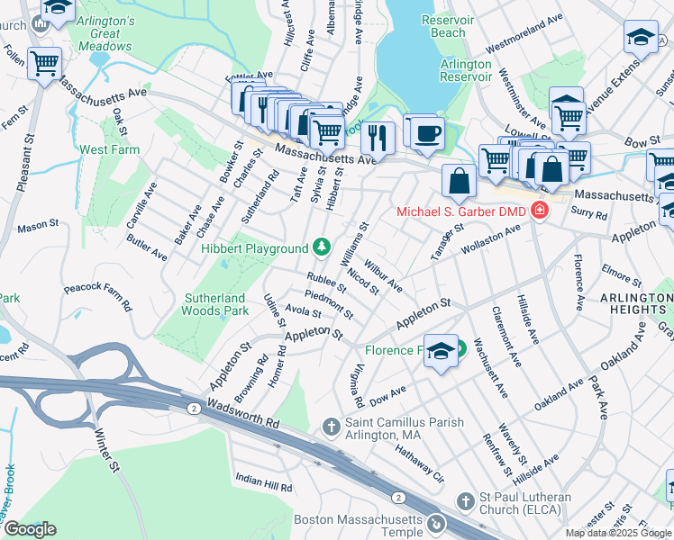 map of restaurants, bars, coffee shops, grocery stores, and more near 83 Williams Street in Arlington