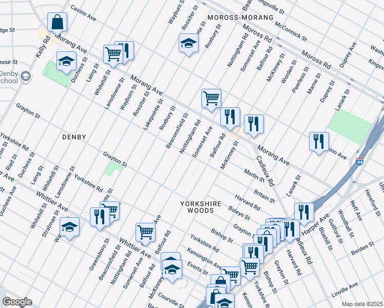 map of restaurants, bars, coffee shops, grocery stores, and more near 10901 Somerset Avenue in Detroit