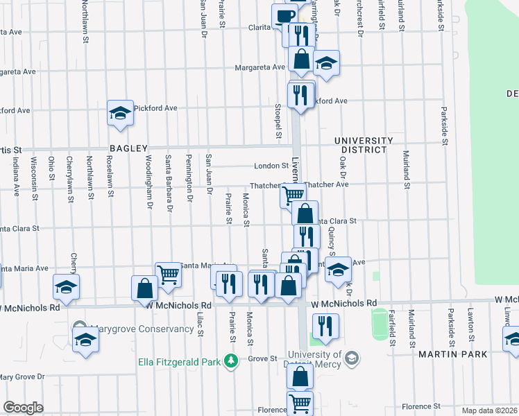 map of restaurants, bars, coffee shops, grocery stores, and more near 17551 Santa Rosa Drive in Detroit