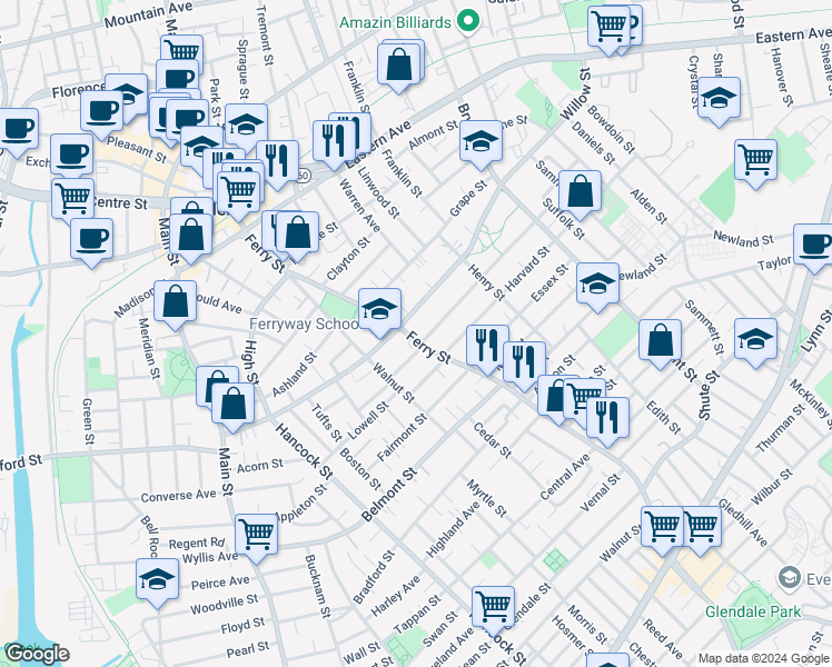 map of restaurants, bars, coffee shops, grocery stores, and more near 380 Ferry Street in Malden