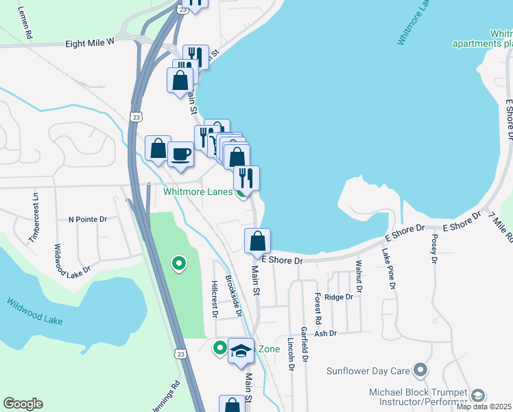 map of restaurants, bars, coffee shops, grocery stores, and more near 9444 Main Street in Whitmore Lake