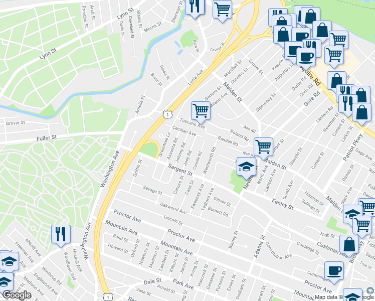 map of restaurants, bars, coffee shops, grocery stores, and more near 42 Joey Road in Revere