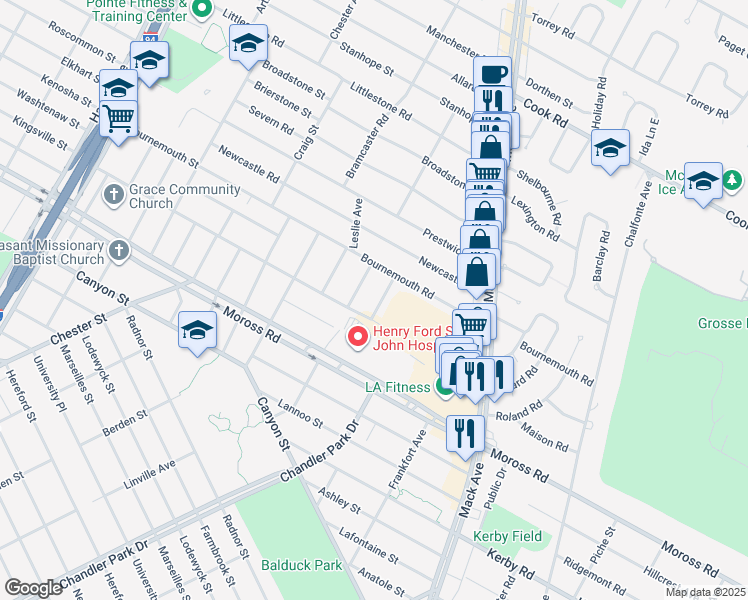 map of restaurants, bars, coffee shops, grocery stores, and more near 19217 Raymond Street in Grosse Pointe Woods