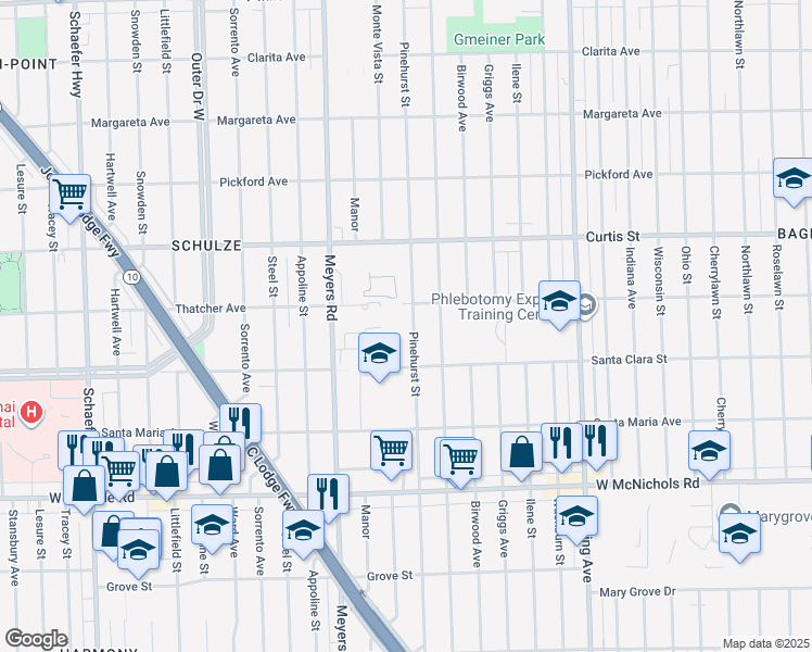 map of restaurants, bars, coffee shops, grocery stores, and more near 17577 Pinehurst Street in Detroit
