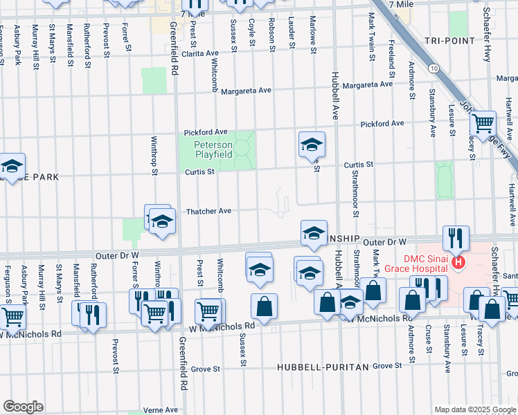 map of restaurants, bars, coffee shops, grocery stores, and more near 18000 Coyle Street in Detroit