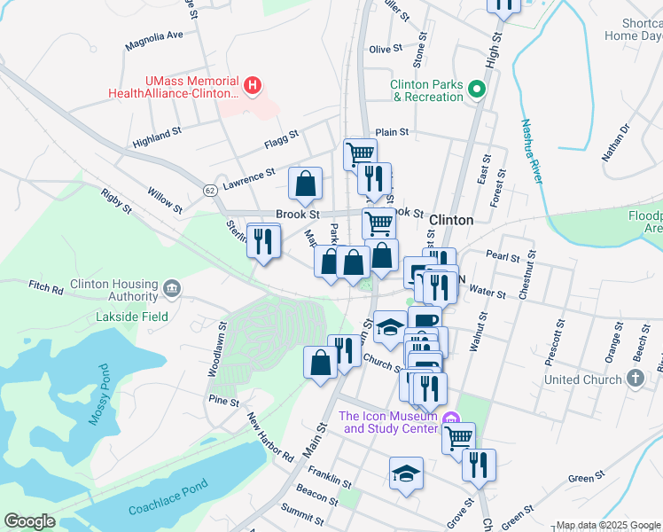 map of restaurants, bars, coffee shops, grocery stores, and more near 10 Parker Street in Clinton