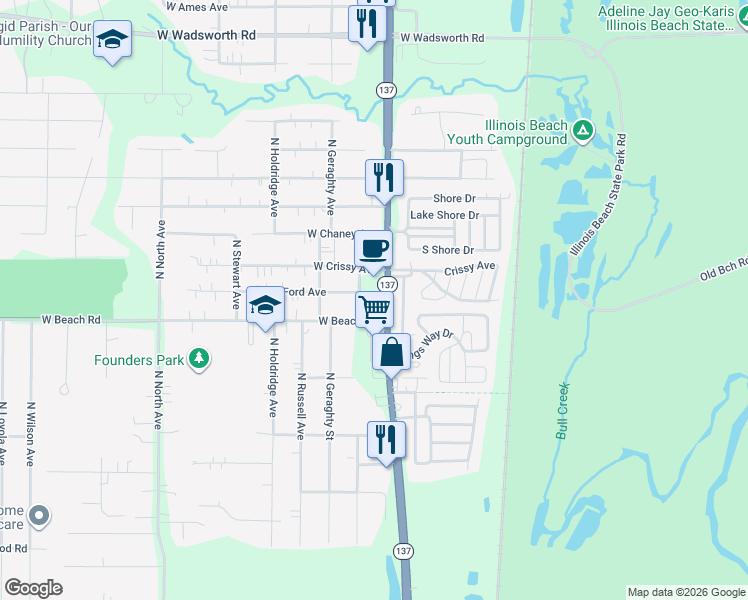 map of restaurants, bars, coffee shops, grocery stores, and more near 38546 North Sheridan Road in Beach Park
