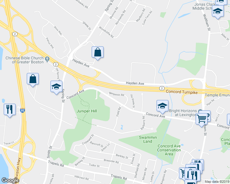 map of restaurants, bars, coffee shops, grocery stores, and more near 19 Benjamin Road in Lexington