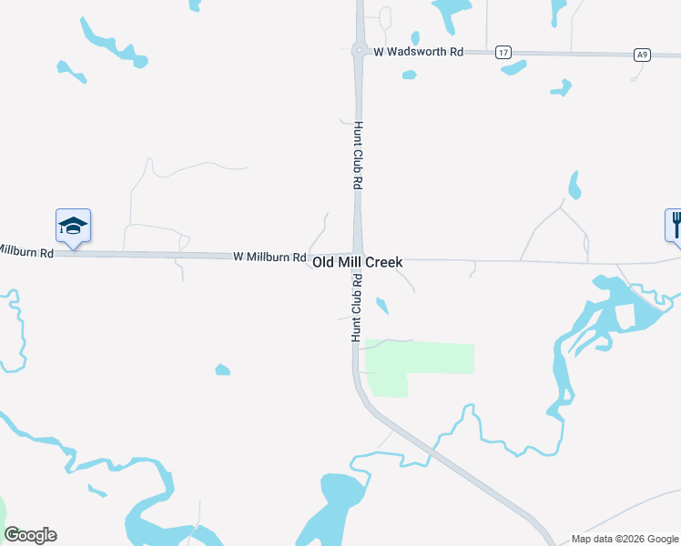 map of restaurants, bars, coffee shops, grocery stores, and more near 17555 Millburn Road in Old Mill Creek