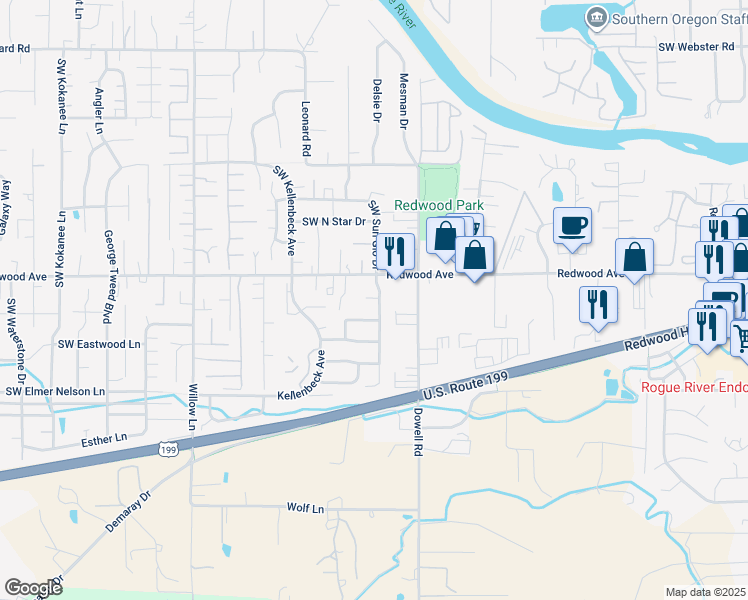 map of restaurants, bars, coffee shops, grocery stores, and more near 2115 Fahey Way in Grants Pass