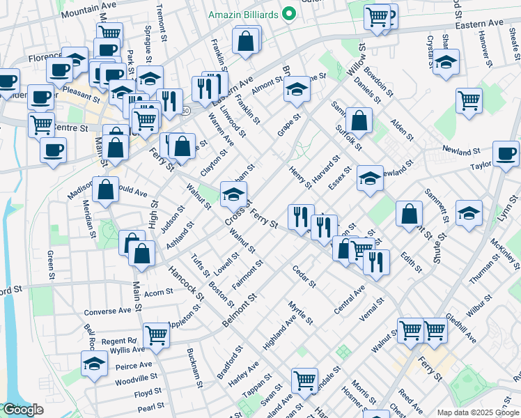 map of restaurants, bars, coffee shops, grocery stores, and more near 380 Ferry Street in Malden