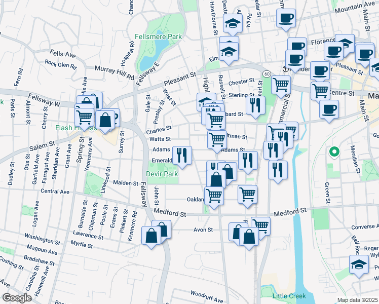 map of restaurants, bars, coffee shops, grocery stores, and more near 140 West Street in Malden
