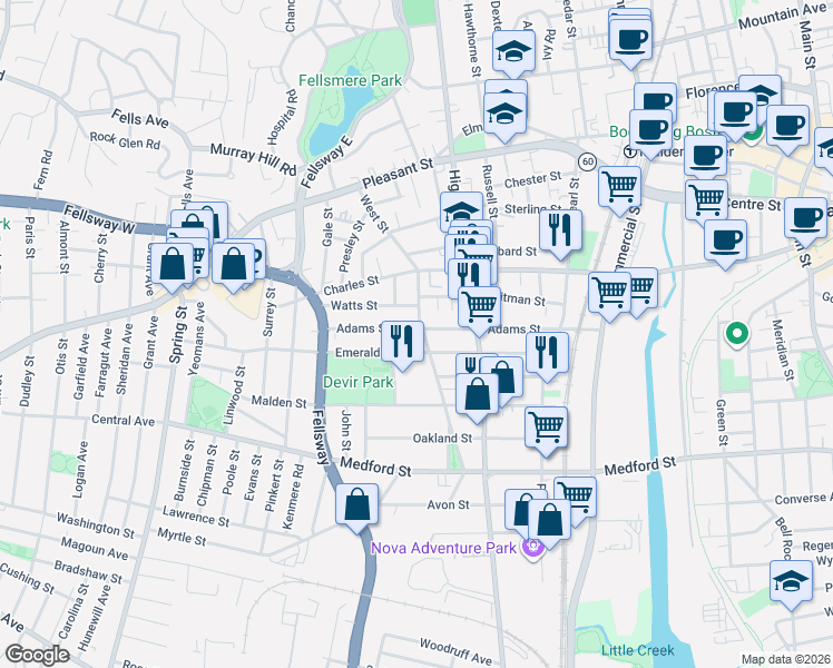 map of restaurants, bars, coffee shops, grocery stores, and more near 140 West Street in Malden