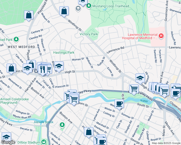 map of restaurants, bars, coffee shops, grocery stores, and more near 312 High Street in Medford