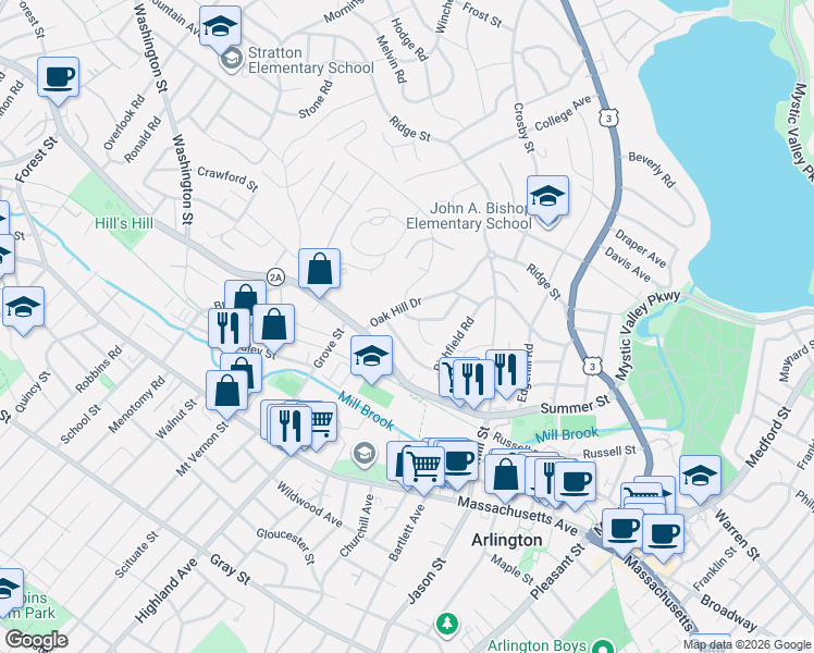 map of restaurants, bars, coffee shops, grocery stores, and more near 3 Ivy Circle in Arlington