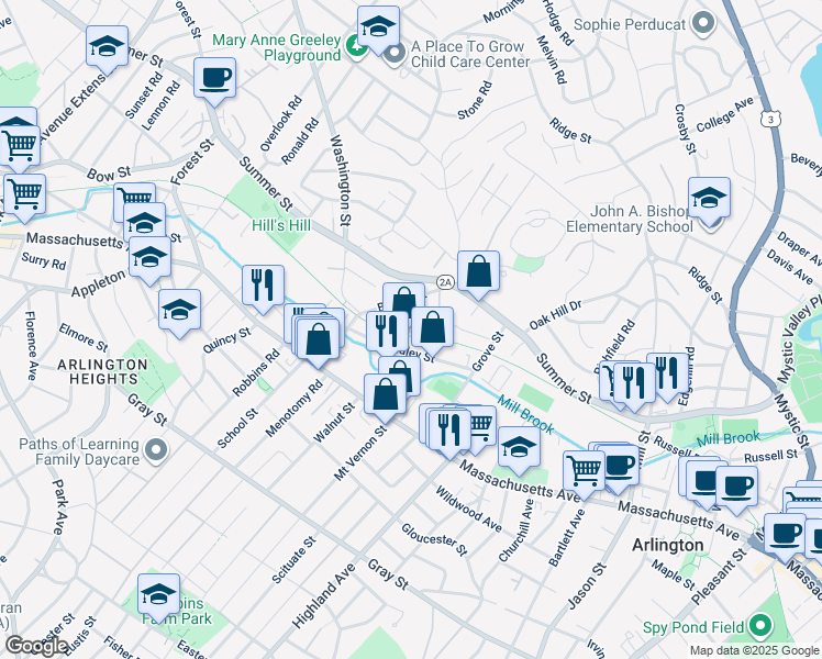 map of restaurants, bars, coffee shops, grocery stores, and more near 11 Brattle Drive in Arlington