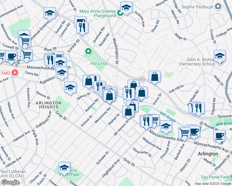 map of restaurants, bars, coffee shops, grocery stores, and more near 22 Brattle Street in Arlington