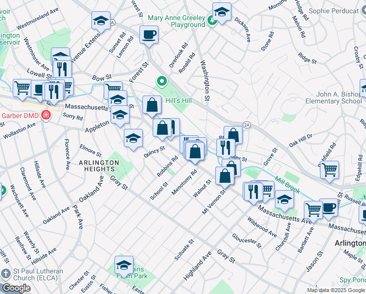 map of restaurants, bars, coffee shops, grocery stores, and more near 26 Laurel Street in Arlington