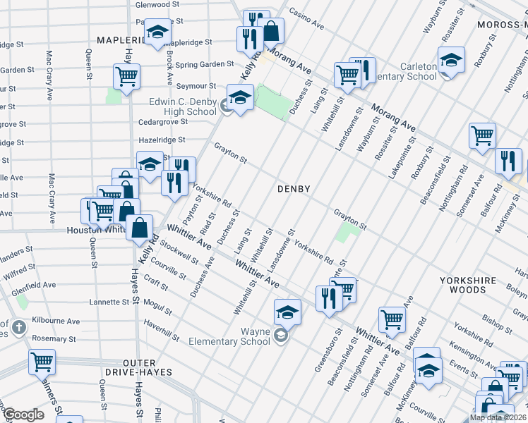 map of restaurants, bars, coffee shops, grocery stores, and more near 11621 Laing Street in Detroit