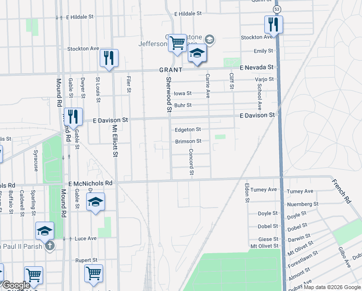 map of restaurants, bars, coffee shops, grocery stores, and more near 6738 Brimson Street in Hamtramck