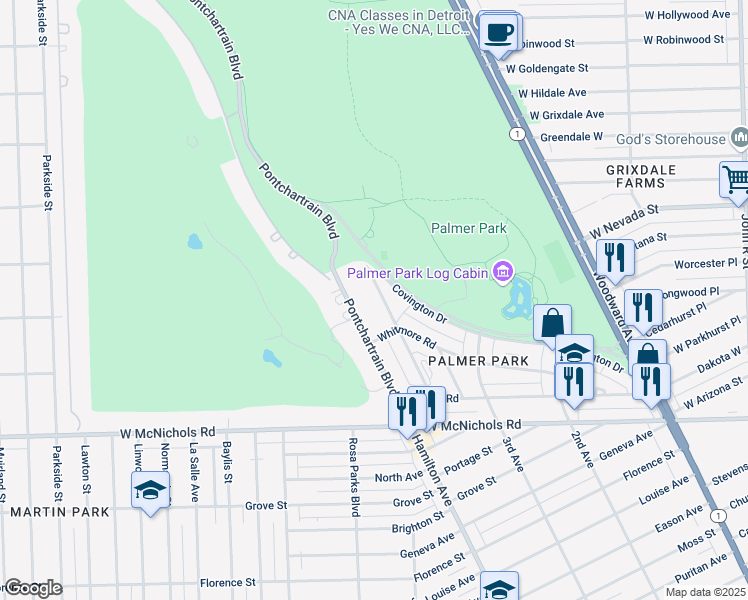 map of restaurants, bars, coffee shops, grocery stores, and more near 17673 Manderson Road in Highland Park
