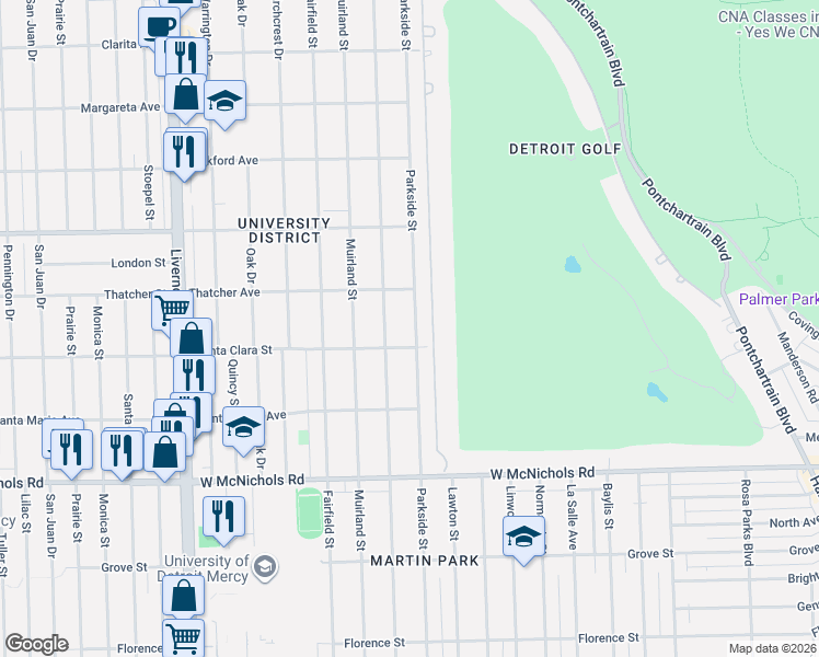 map of restaurants, bars, coffee shops, grocery stores, and more near 17524 Parkside Street in Detroit