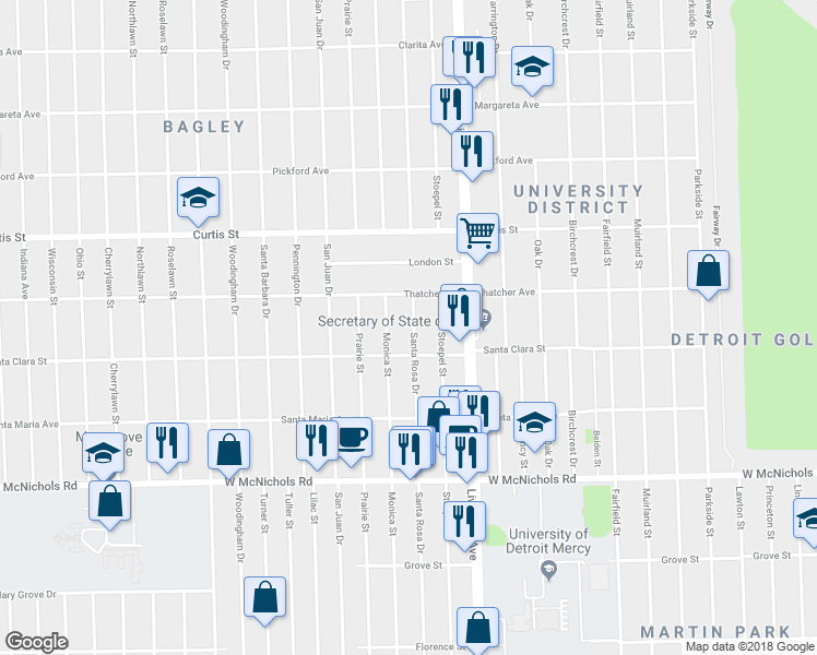 map of restaurants, bars, coffee shops, grocery stores, and more near 17543 Santa Rosa Drive in Detroit