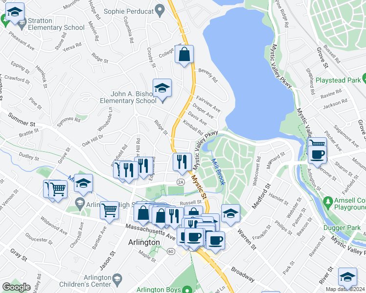 map of restaurants, bars, coffee shops, grocery stores, and more near 16-18 Farrington Street in Arlington