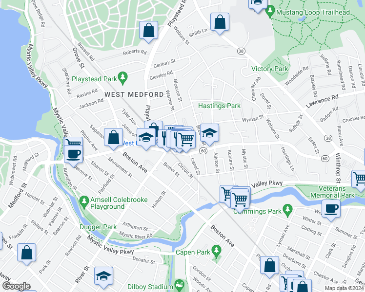 map of restaurants, bars, coffee shops, grocery stores, and more near 14 Warren Street in Medford