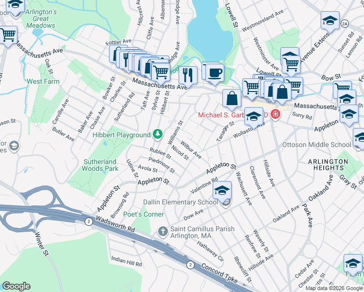 map of restaurants, bars, coffee shops, grocery stores, and more near 52 Wilbur Avenue in Arlington