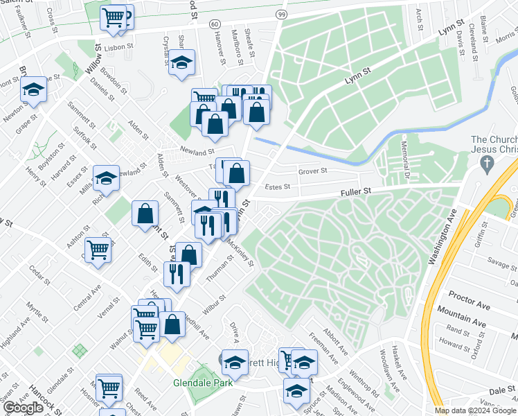 map of restaurants, bars, coffee shops, grocery stores, and more near 14 Oak Terrace in Everett