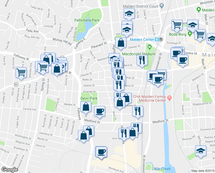 map of restaurants, bars, coffee shops, grocery stores, and more near 140 West Street in Malden