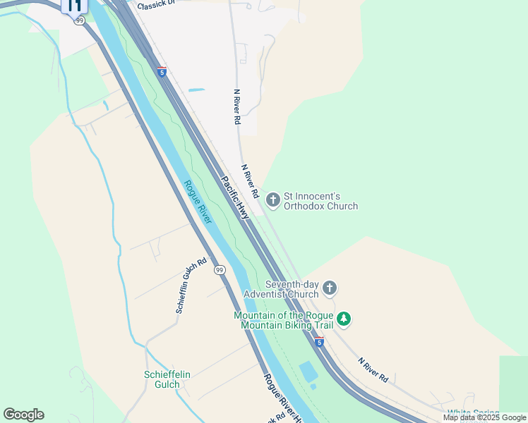 map of restaurants, bars, coffee shops, grocery stores, and more near North River Road in Rogue River
