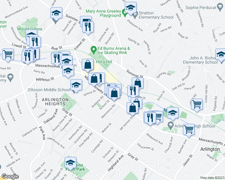 map of restaurants, bars, coffee shops, grocery stores, and more near 27 Laurel Street in Arlington