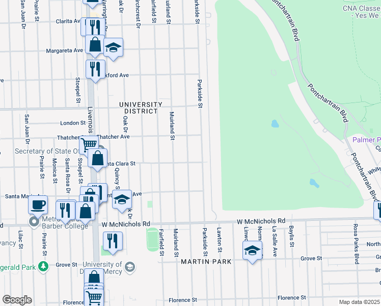 map of restaurants, bars, coffee shops, grocery stores, and more near 17536 Wildemere Street in Detroit