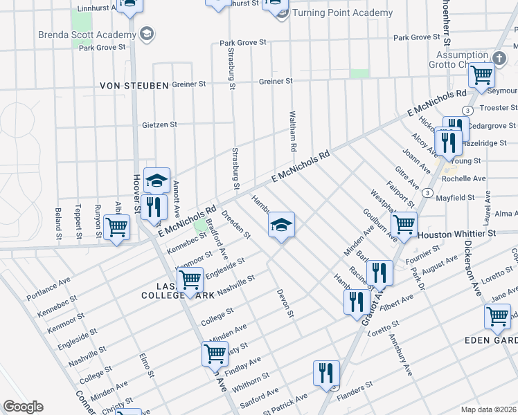 map of restaurants, bars, coffee shops, grocery stores, and more near 12731 Hamburg Street in Detroit
