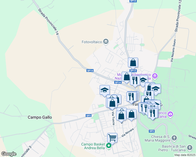 map of restaurants, bars, coffee shops, grocery stores, and more near 71 Piazza Raffaele Eusepi in Tuscania