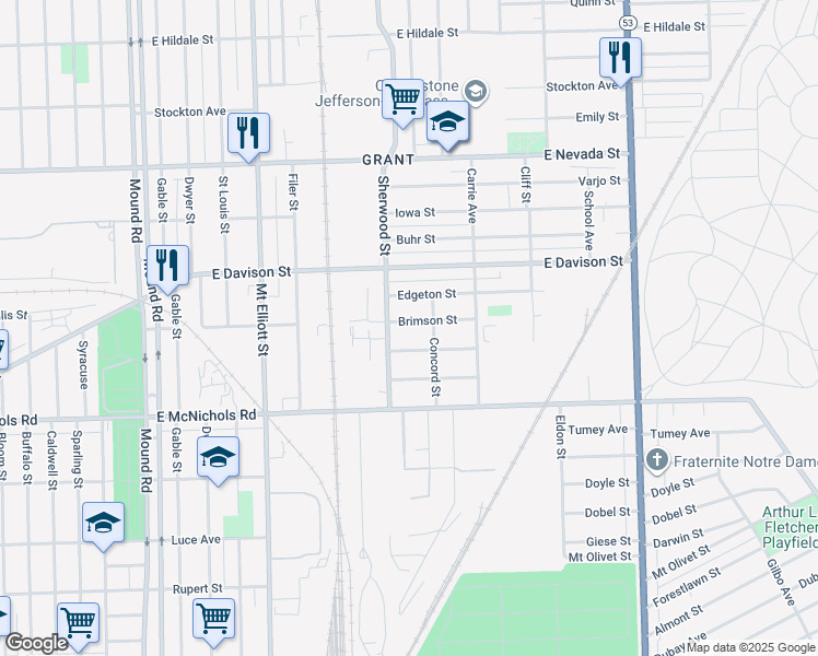 map of restaurants, bars, coffee shops, grocery stores, and more near 6738 Brimson Street in Hamtramck
