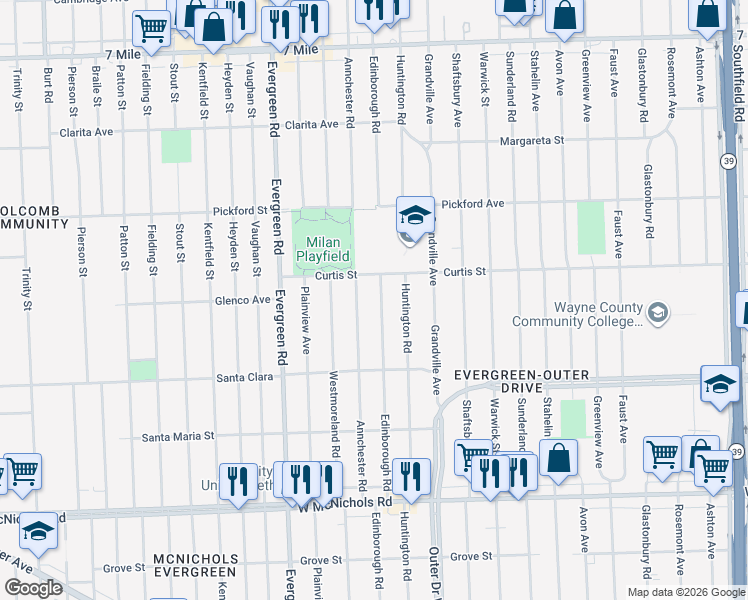 map of restaurants, bars, coffee shops, grocery stores, and more near 17646 Annchester Road in Detroit
