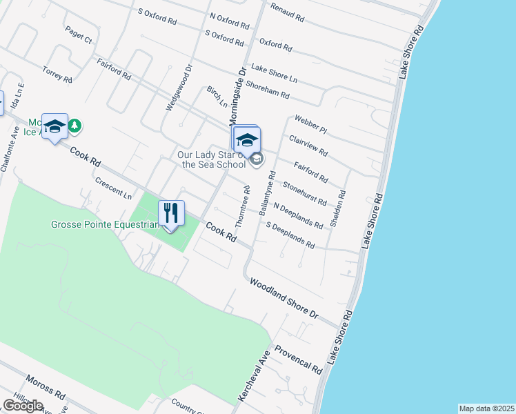 map of restaurants, bars, coffee shops, grocery stores, and more near 92 Deeplands Road in Grosse Pointe Woods