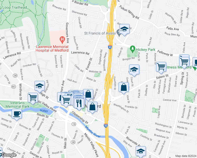 map of restaurants, bars, coffee shops, grocery stores, and more near 42 Water Street in Medford