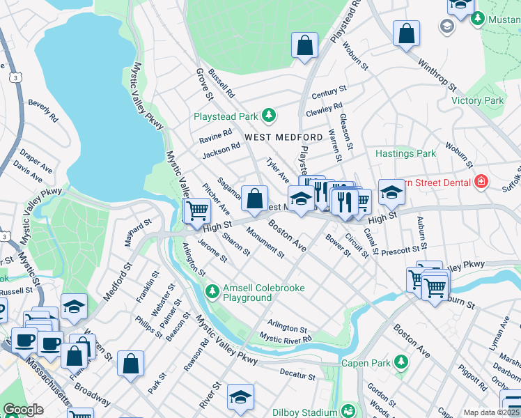 map of restaurants, bars, coffee shops, grocery stores, and more near 7 Sagamore Avenue in Medford