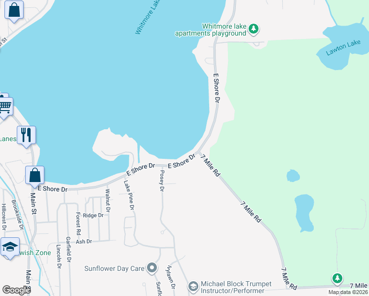 map of restaurants, bars, coffee shops, grocery stores, and more near 365 East Shore Drive in Whitmore Lake
