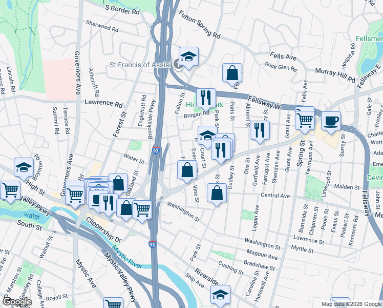 map of restaurants, bars, coffee shops, grocery stores, and more near 42 Fulton Street in Medford
