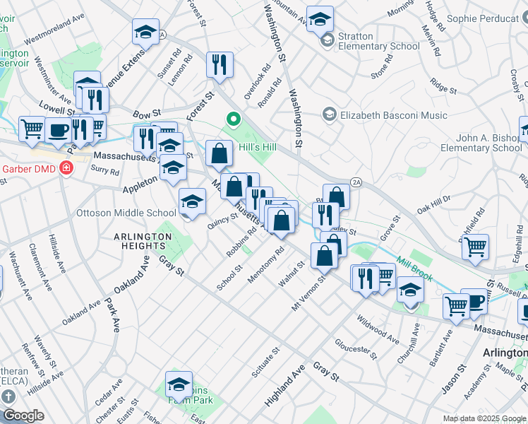 map of restaurants, bars, coffee shops, grocery stores, and more near 17 Old Colony Lane in Arlington